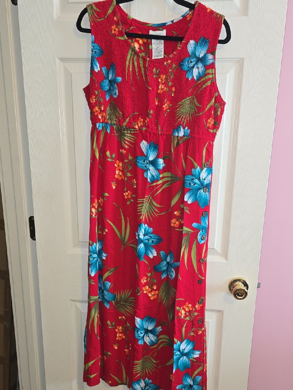 White Stag Red Floral Maxi Dress with Green Leaf Accents
